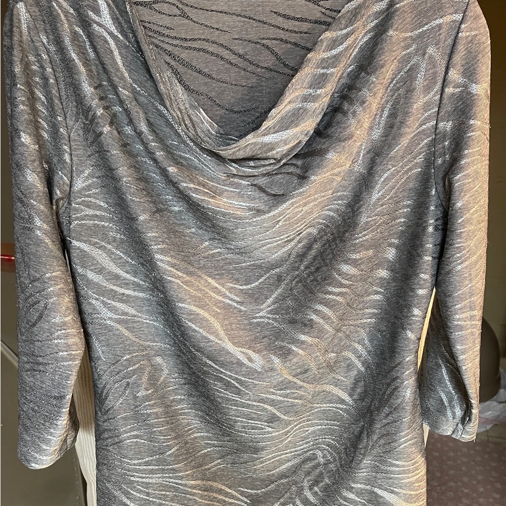 Chico's Silver and Gray Draped Neck Top Metallic Zebra